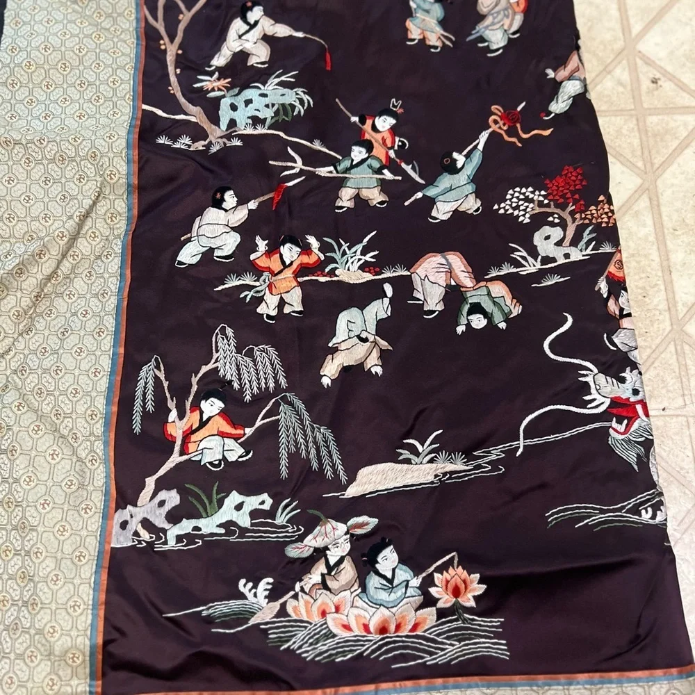 Large Chinese Asian Silk Embroidered Tapestry Wall Hanging Art Panel 36” x 65”